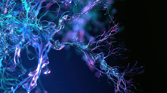 Vibrant abstract network of glowing tendrils and bokeh lights against dark backdrop