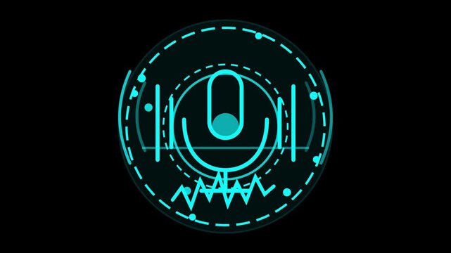 Glowing turquoise futuristic HUD voice assistant microphone icon with digital sound waves on a dark background for high-tech UI design