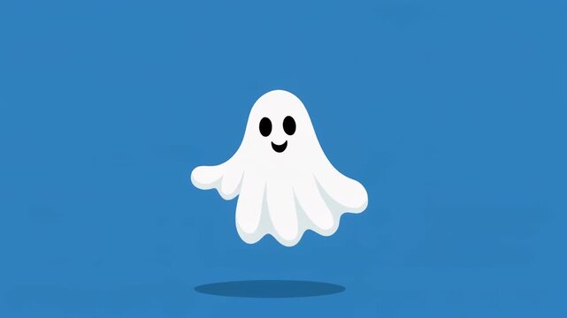 Cute ghost character floating and waving happily during a seamless loop animation on a blue background