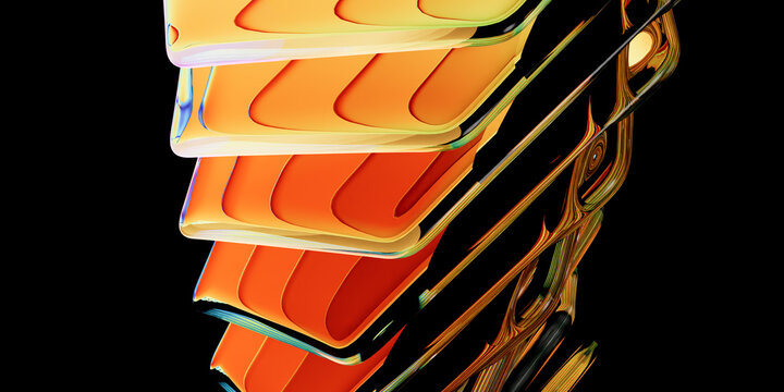 Abstract 3D Render of Stacked Layered Orange and Gold Glass Sheets with Complex Interlocking Structure on Black Background