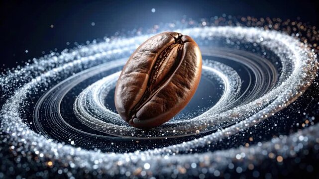 A dark space scene with a floating coffee bean and swirling light rings