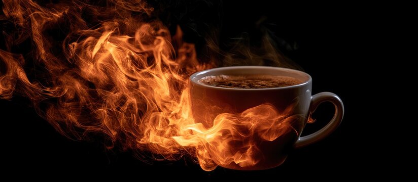 A steaming cup of dark liquid engulfed in bright, licking flames on a black background