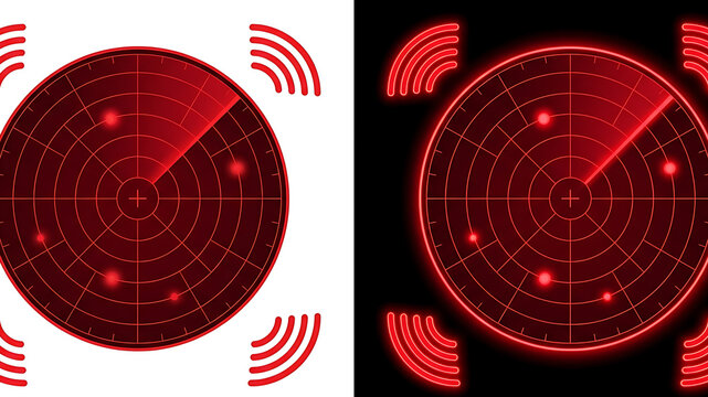 Digital radar screen display with red glowing signal waves and circular scanning interface for surveillance systems