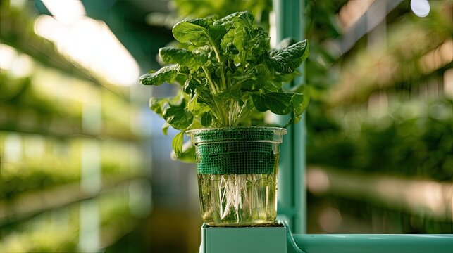 Lush green seedling in a hydroponic system with visible roots