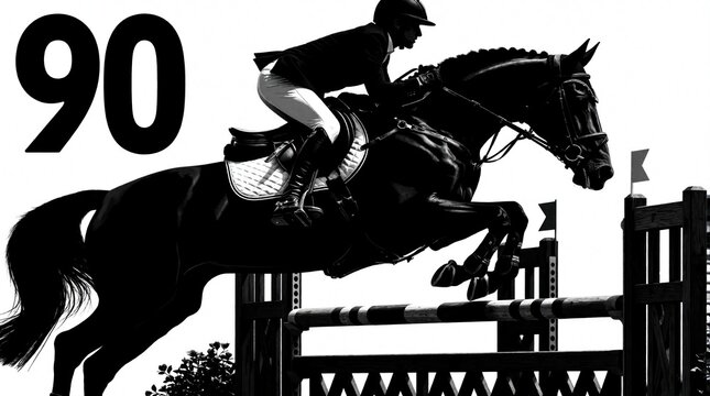 Black and white graphic of rider and horse jumping obstacle. Equestrian athlete with number 90 competes in show jumping event. Sport competition silhouette action graphic.