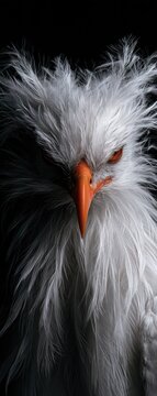 Fierce white bird with striking orange beak and intense eyes, framed by dark background