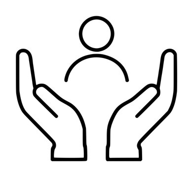 Hand-traced vector icon illustration depicting two open hands gently cradling a stylized human figure, rendered in minimalist black line art on white background