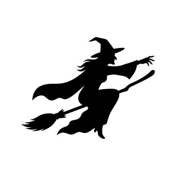 Witch silhouette flying on broomstick vector. Halloween sorceress character icon. Spooky flying witch graphic for holiday party decor.