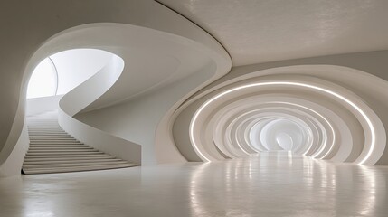 Fototapeta premium Modern, bright, flowing interior with illuminated tunnel and white staircase