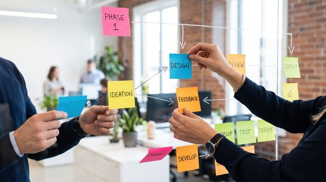 Creative team brainstorming agile project management workflow on glass wall with sticky notes, business people planning strategy design ideation feedback process in modern startup