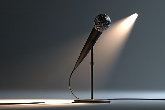 Microphone on stand, illuminated by a single spotlight, creating dramatic shadows