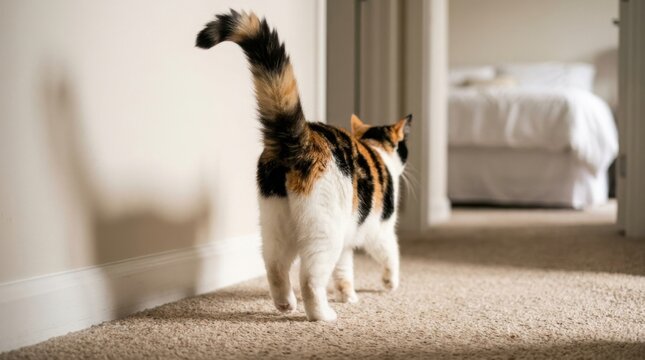 Calico Cat Walking Away Down Hallway Towards Bedroom.