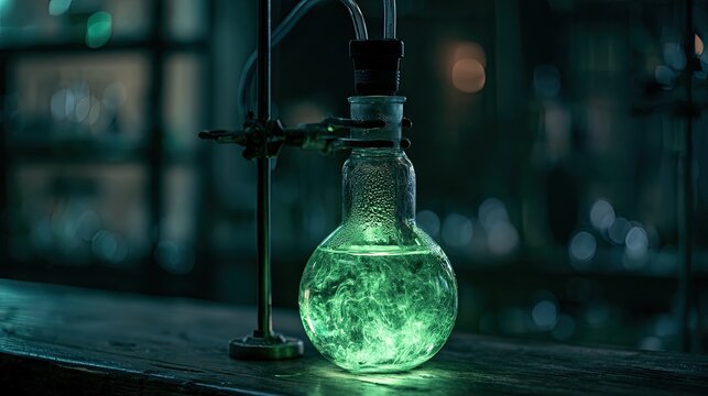 Glowing green liquid swirls in a round glass flask on a wooden surface