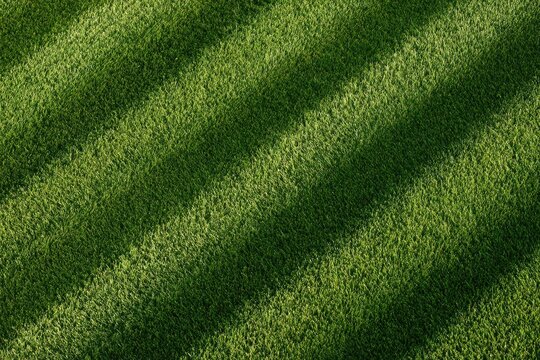 Close-up of neatly mowed grass with diagonal stripes of light and shadow
