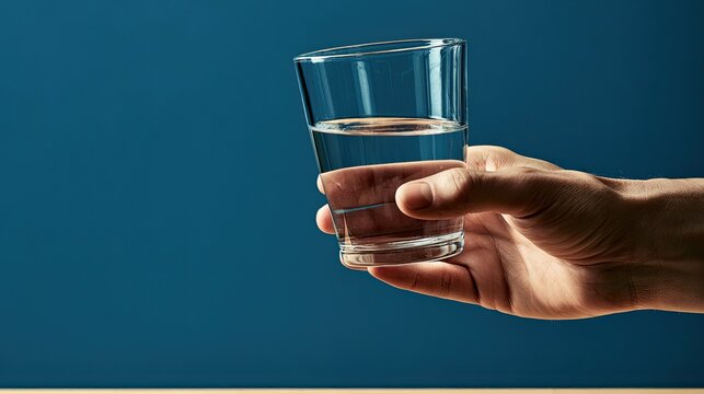 Hand holds glass with clear liquid against a plain blue background
