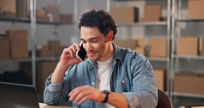 Laptop, phone call and man with box for shipping order, address confirmation or communication. Tech, talk and happy person with package for logistics info, delivery schedule and typing in office