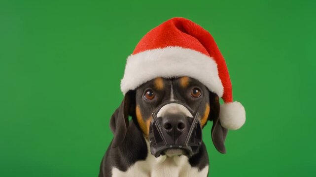 Cute hound dog wearing Santa hat appears on green screen with cinematic movement for holiday greetings