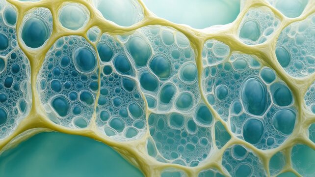 Close-up of blue and yellow foam bubbles with intricate pattern and texture, abstract scientific background for technology or health concepts