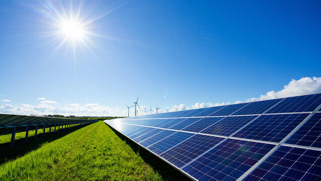 Solar energy field panels with wind turbines on a sunny day turbines renewable electricity