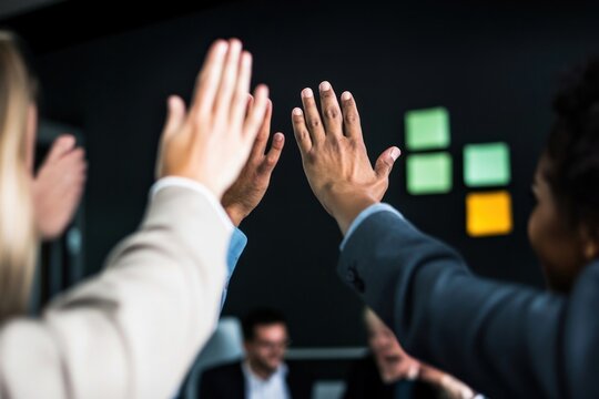 Business people high five together diverse person office.