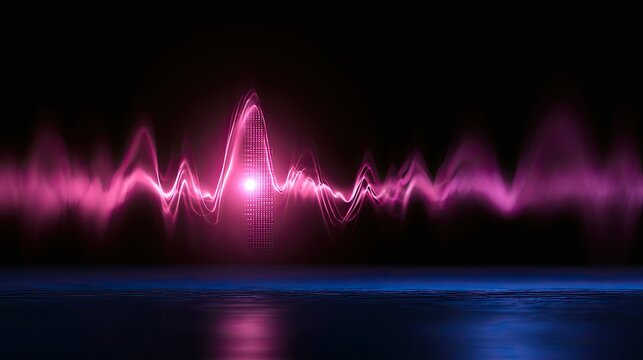 Abstract glowing pink waveform against dark background with blue reflection