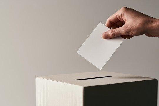 Hand placing blank ballot into a voting box against a light gray background