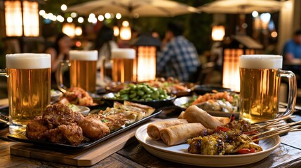 Fototapeta premium glass of beer and snacks in the garden