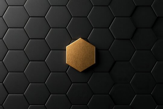 A single golden hexagon stands out from a dark, textured background of many hexagons