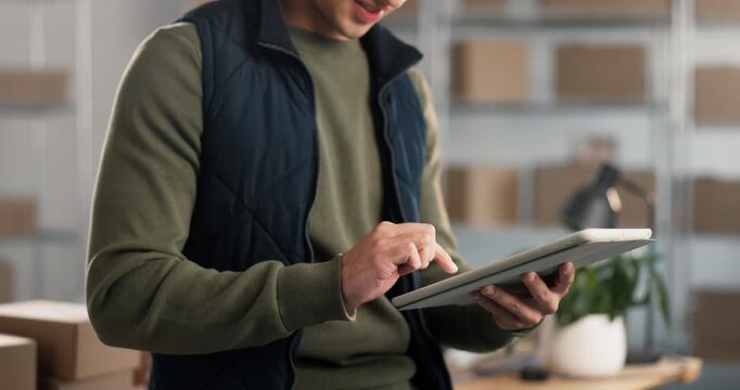 Hands, typing and tablet with logistics startup, shipping website or delivery email feedback. Person, technology and writing newsletter for courier app, blog or distribution info, report or review