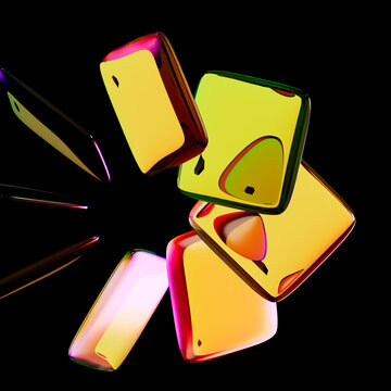 Abstract 3D Render of Circular Scattered Arrangement of Translucent Yellow and Orange Rectangular Glass Plates with Vibrant Rainbow Edges on Black Background