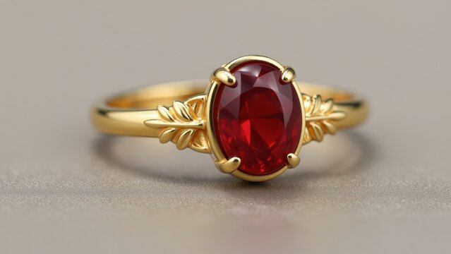 Elegant gold ring with a large oval red gemstone, intricate leaf detailing on the band, fine jewelry accessory for special occasions or luxury fashion