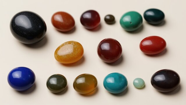 Collection of colorful polished stones and gemstones with smooth surfaces in various sizes and vibrant colors on a white background
