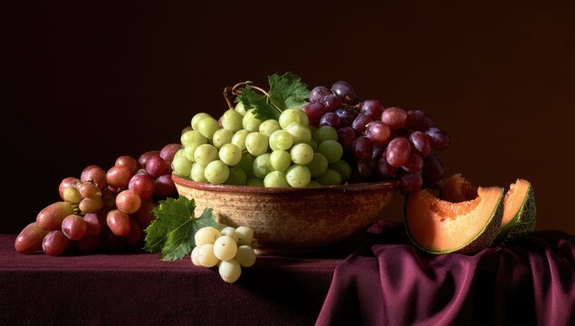 A still life of ripe grapes and a melon slice on a table