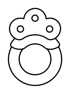 Hand-traced black outline vector illustration of a baby pacifier with classic round shield design, three decorative nipple holes, and a large circular ring handle, isolated on white background for