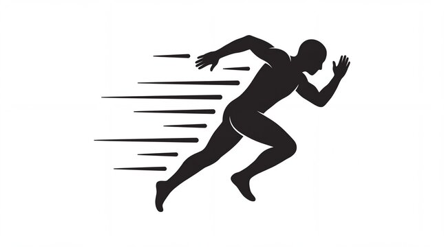 Black silhouette of a male athlete sprinting fast with motion lines, dynamic runner icon representing speed, power, and performance on a clean white background for sports branding.