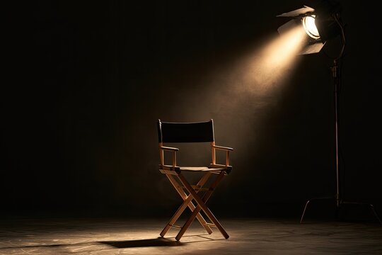 A spotlight illuminates a director's chair on a dark stage, creating a dramatic atmosphere
