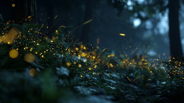 Glowing fireflies illuminating a shadowy summer forest at night, creating an enchanting natural ambiance with realistic light effects and a cinematic atmospheric composition.

