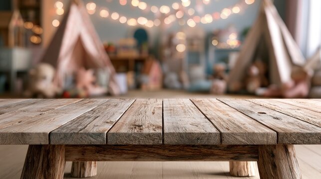 Rustic wooden table foreground with cozy indoor childrens play area background