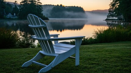 Fototapeta premium Tranquil white adirondack chair by misty lake at sunrise