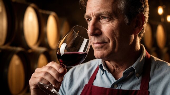 Middle aged sommelier tastes red wine in cellar. Man holds wine glass, smells aroma near wooden barrels. Pro grape grower enjoys beverage in winery. Mature male expert evaluates quality of drink