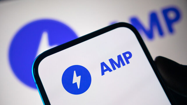 Amp digital asset logo shown on a smartphone display with a blue lightning icon for cryptocurrency and blockchain financial content.