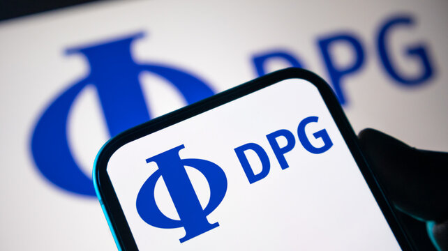 Dpg logo icon shown on digital smartphone display for corporate branding and organizational communication purposes.