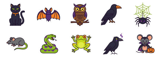 Fototapeta premium Cute Halloween stickers: ghosts, pumpkins, black cats, potions, bat, spider webs, creepy elements. For scrapbooking, decoration, crafts, printable, party design projects. Flat vector set. Hand drawn.
