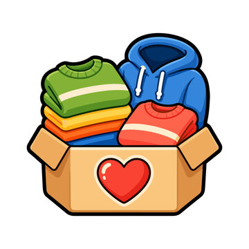 Clothing donation box with folded garments and heart symbol for charity collection and community support