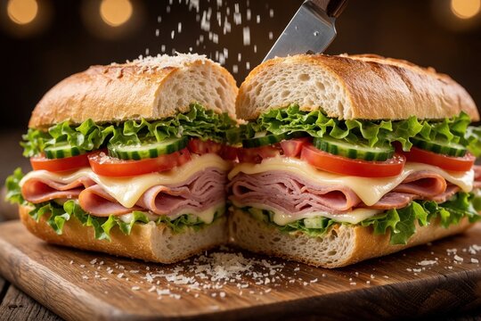 Giant sandwich cut in half shows ham cheese lettuce tomato cucumber. Grated cheese falls on bread. Delicious lunch preparation on wooden board.