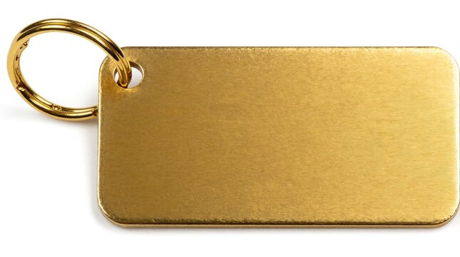 Plain golden rectangle metal tag with ring isolated on white. Customizable accessory for keys, luggage identification, or corporate gifts. Modern minimalist design.