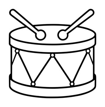 Hand-traced vector illustration of a classic toy snare drum with crossed drumsticks resting on top, featuring zigzag lacing and a bold outlined minimalist style suitable for musical icon sets