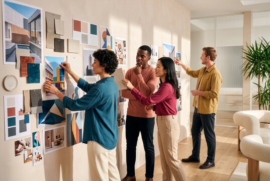 Creative professionals reviewing visual concepts on a studio wall, representing teamwork, design thinking, strategy and collaborative problem solving.