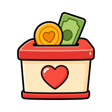 Donation box with cash and heart coin symbol for charitable giving financial support and fundraising