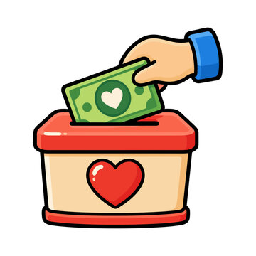 Hand placing money into a heart donation box representing charitable giving fundraising and financial support